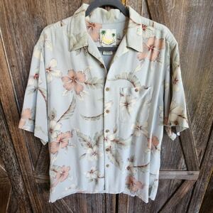 Banana Cabana Shirt Men's Large Blue Floral Hawaiian‎ Short Sleeve Button Silk